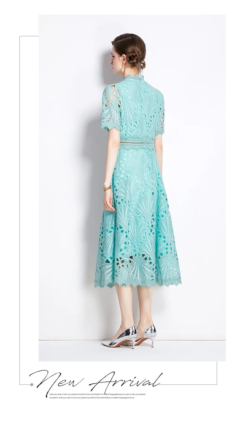 SMTHMA Vintage High-End O-Neck Short Sleeve Lace Hollow Out Dress For Women's Summer Slim Elegant Long Dress Female Clothing