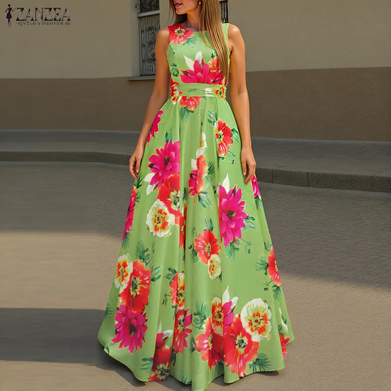 ZANZEA Women Floral Printed Bohemian Sundress 2026 Summer Tank Dress Fashion Sleeveless Waisted Robe Casual Party Maxi Dresses