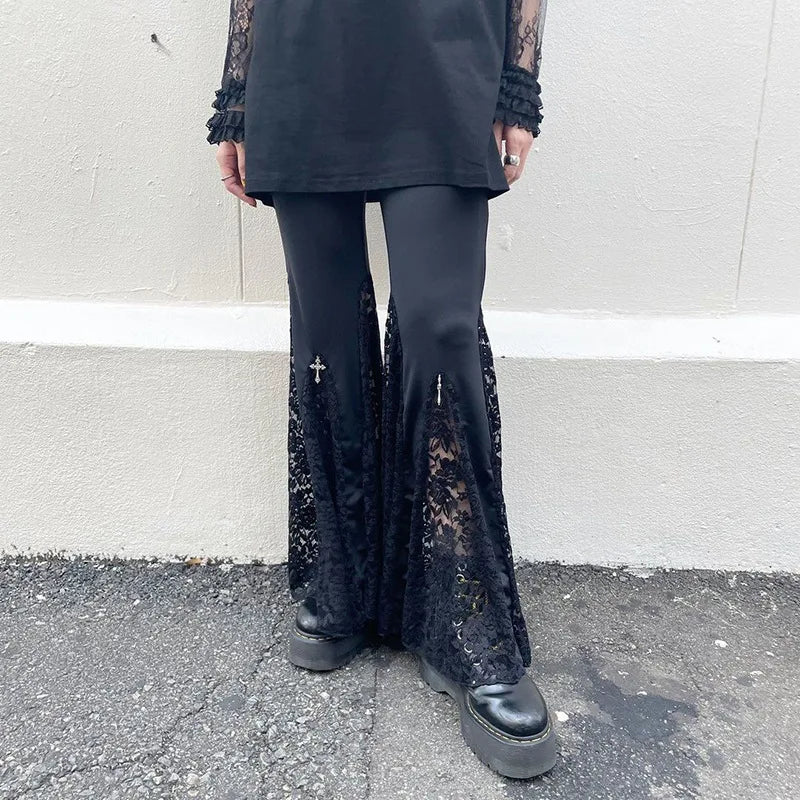 Goth Mall Flare Pants Sexy Black Lace Patchwork High Waist Vintage Harajuku Hippie Punk Grunge Streetwear  Y2k Pants