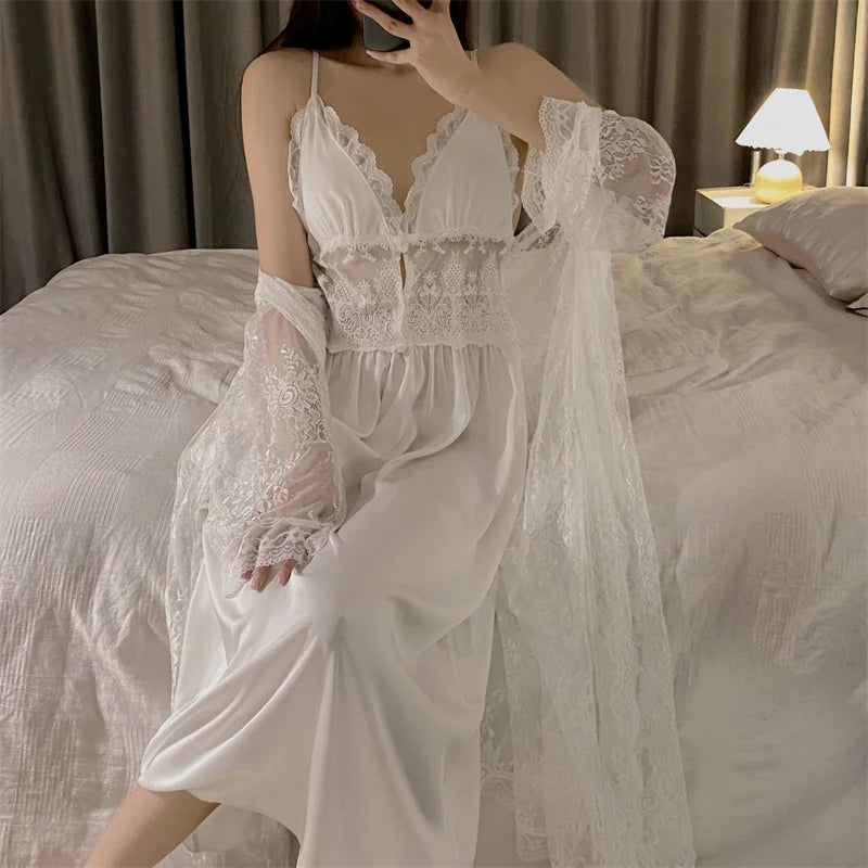 Sexy Two Piece Dress Set Spring Summer Sleepwear Lingerie Lace Sling Long Sleeve Nightdress Women Pijama Suit Ladies Nightgowns