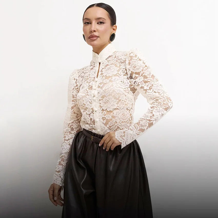 Linad Elegant Sheer White Embroidery Blouses Women Autumn Street Chic Lace Stand Collar Shirt And Blouse 2025 Casual Tops Female