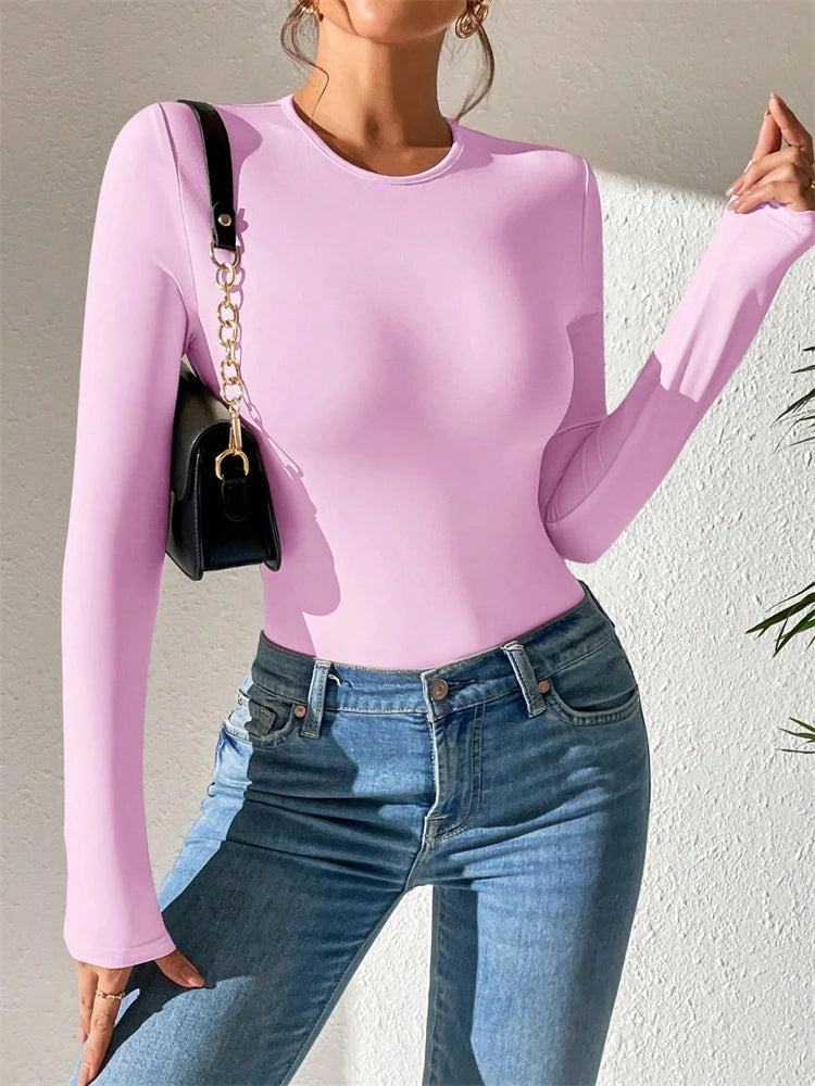 Women Basic Long Sleeve Round Neck Blouse Bodysuit Autumn Winter Casual Solid Color Slim Fit Bodycon Jumpsuit Streetwear