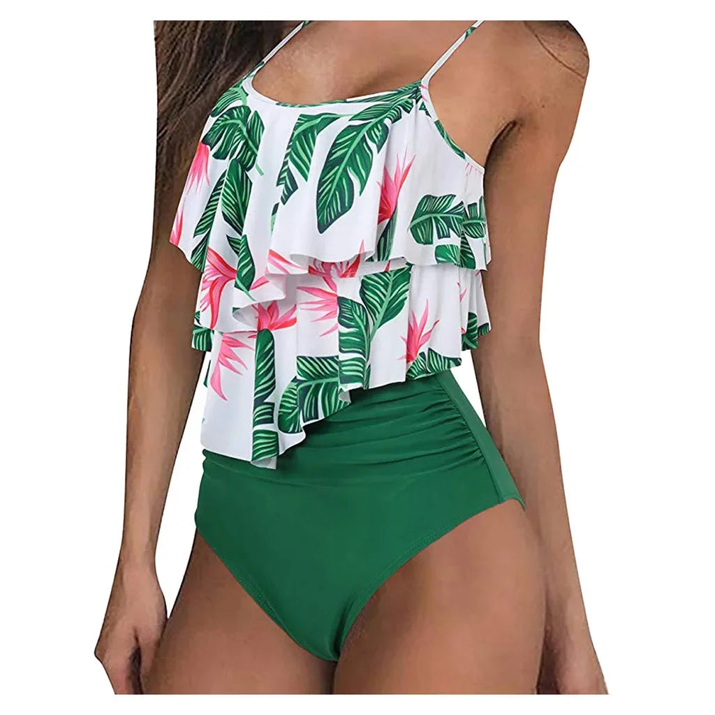 Women High Waisted Tankinis Set 2 Piece Swimsuits Ruffle Spaghetti Strap Swimwear Sexy Bikini Summer Beach Wear Bathing Suit