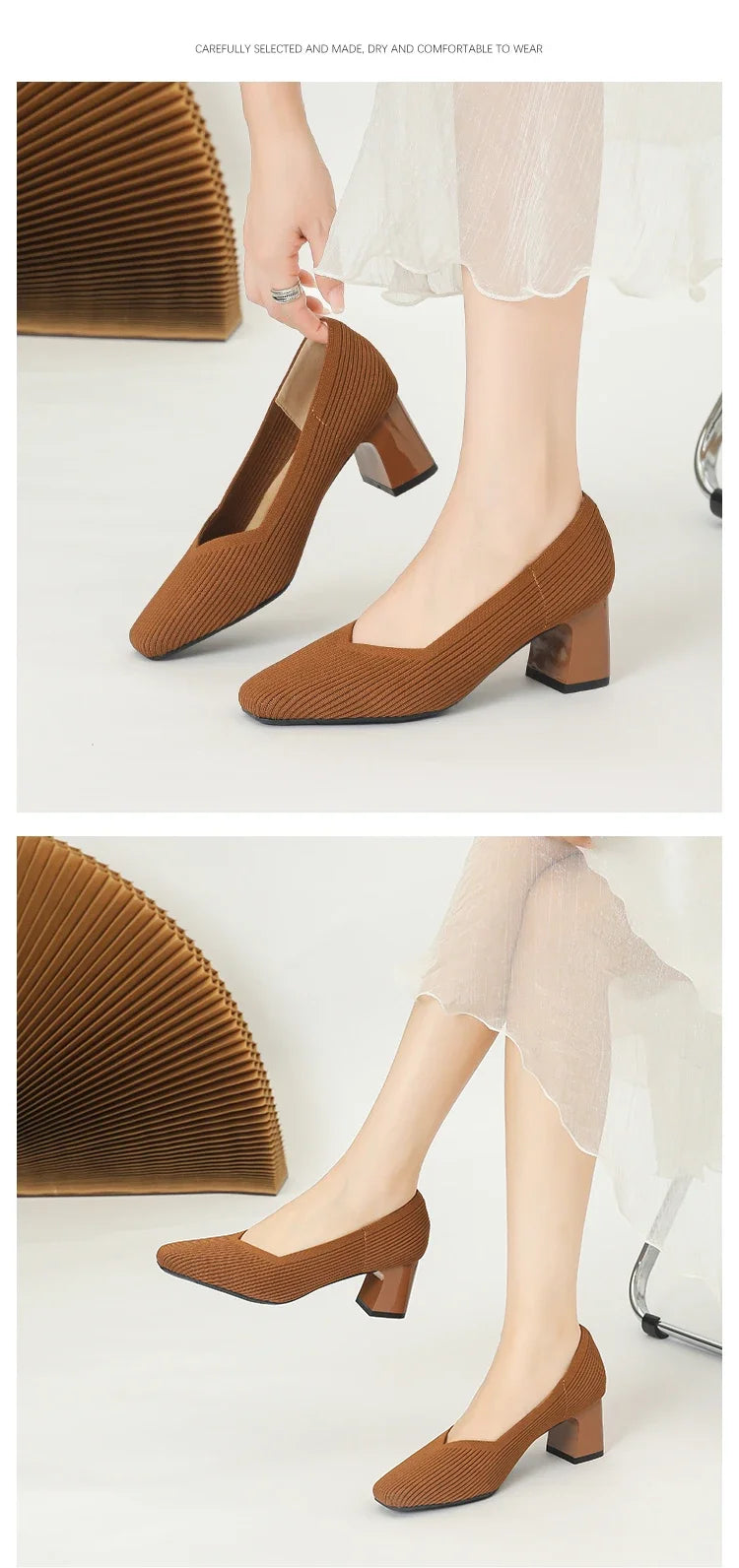 Shoes Woman High Heels Comfortable Square Knitted Breathable Comfortable Women's Flats Shoes (5cm High) 2025 New Collection