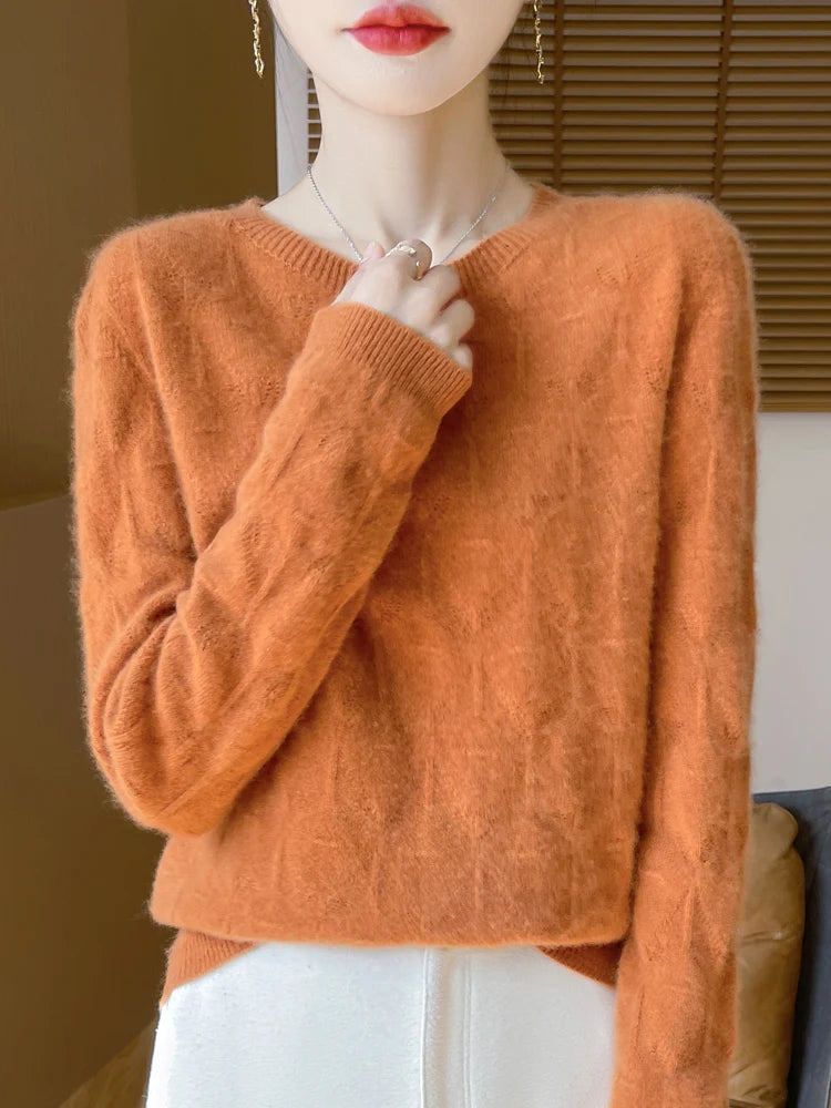 Women 100% Merino Wool Sweater Casual Hollow out Cashmere Blouse O-neck Pullover Tops Autumn Winter Warm Knit Woman Wool Sweater