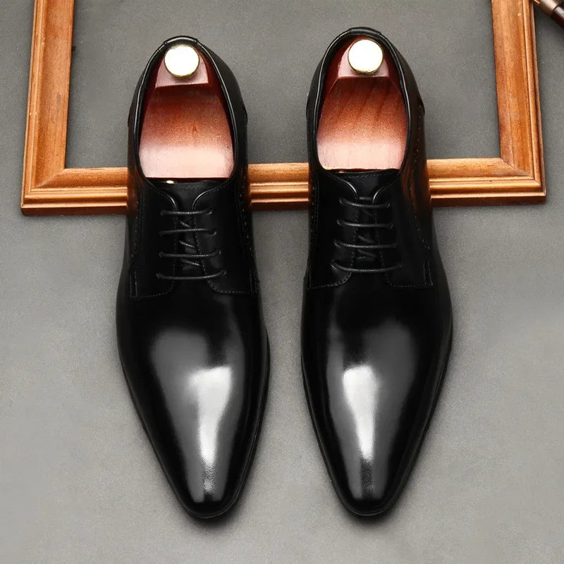 Leather shoes for men, lace up shoes for men, pointy, leather, high-end wedding, dress, Oxford, Lefu shoes, large, British style