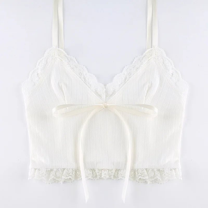 Lace Trim Backless Crop Top White Bow Knit Vest For Women Summer Beach Tee