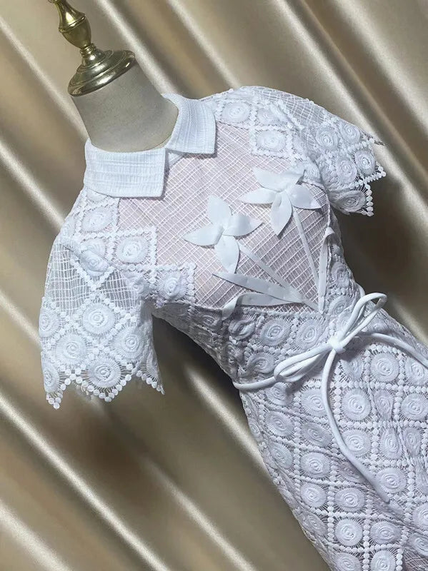 QMQA Fashion Women's Evening Dress Lapel Short Sleeve Lace Patchwork 3D Flower Lace-up Elegant Dresses Spring 2025 New QM269