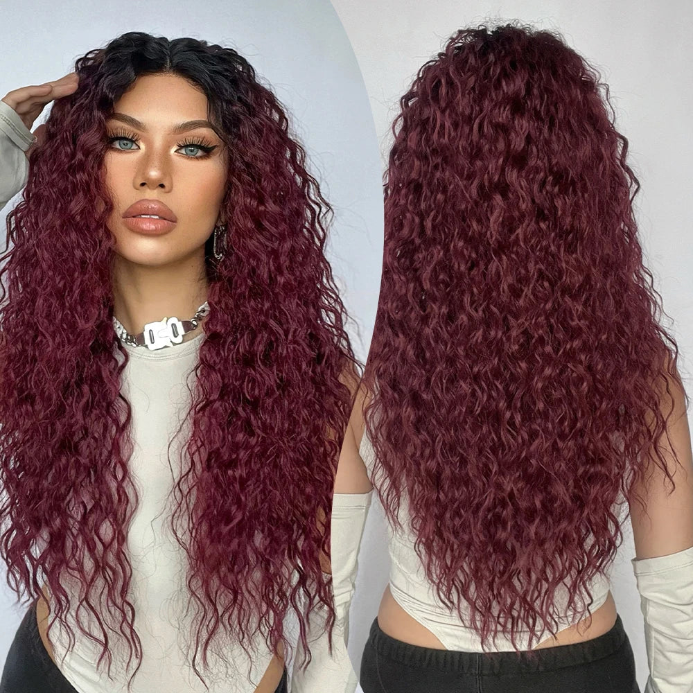 Long Afro Kinky Curly Lace Front Synthetic Wigs Brown Blonde Ombre Wig Dark Root Transparent Deep T Part Lace Wig for Women Use