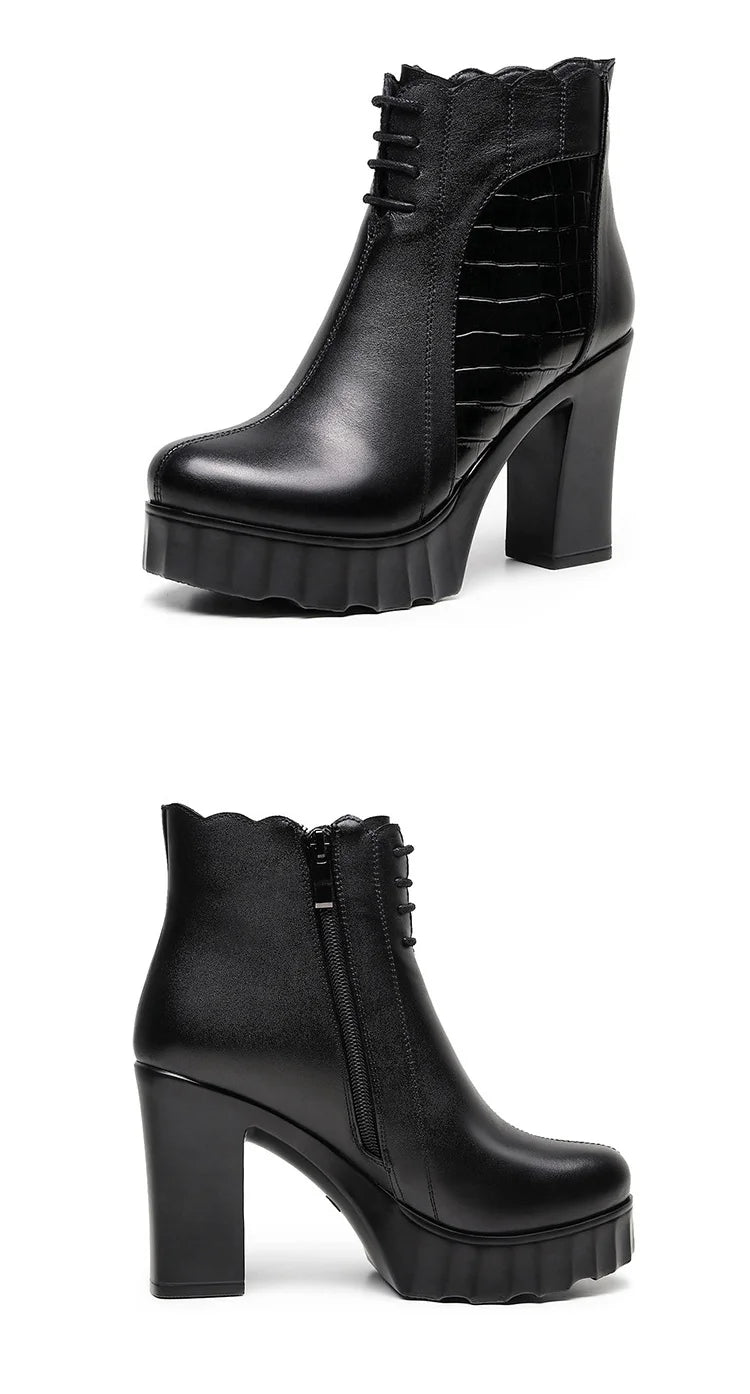 10cm Small Size 32-43 Elegant Fashion Soft Leather Boots Women Platform Shoes 2025 Winter Block High Heels Ankle Boots Office