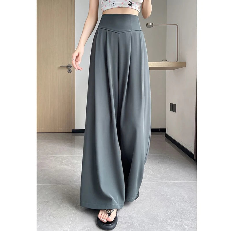 Lady Korean Solid High Waist Pants Girls Fashion Wide Leg Suit Trousers Women Slim Fit Comfortable Daily Slacks BAZAARHUBO