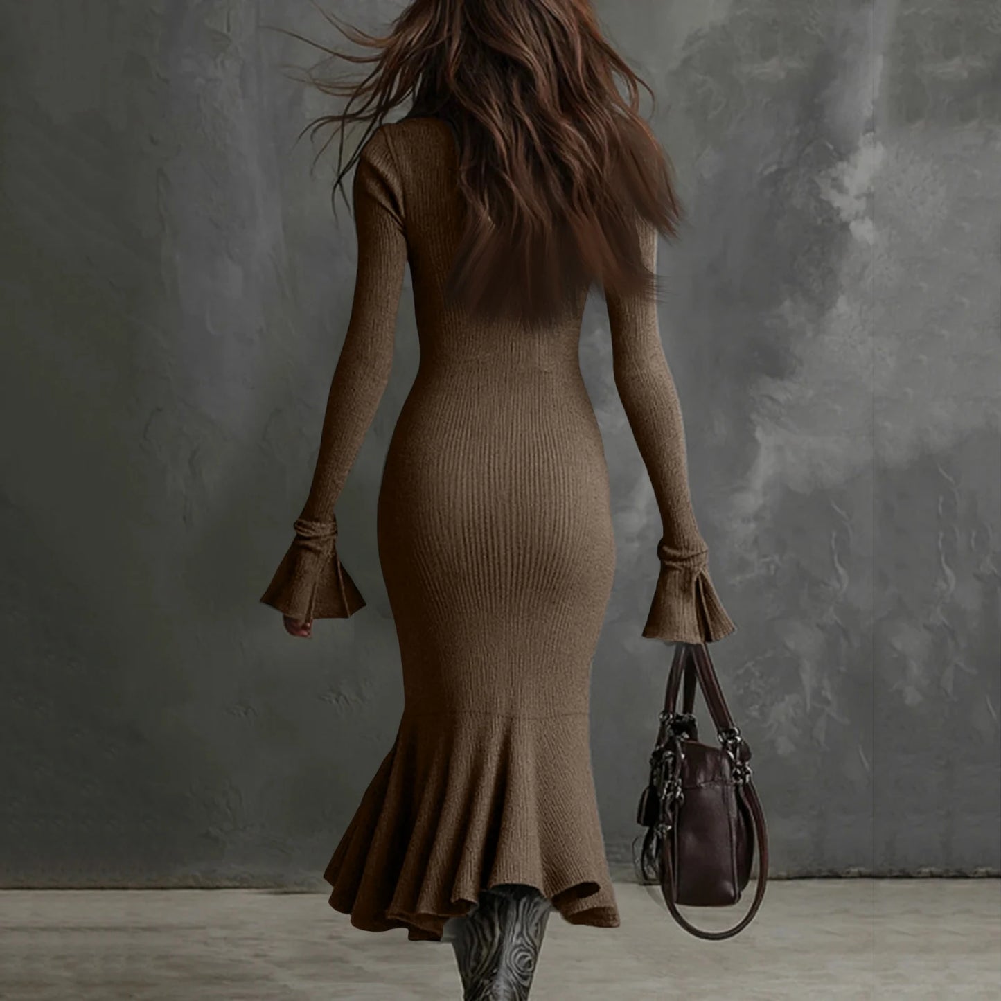 Fall Winter Sweater Dress Quarter Zip Bell Sleeve Mermaid Knit Bodycon Long Dress Trendy Chic Slim Fit Flared Hem Party Dress