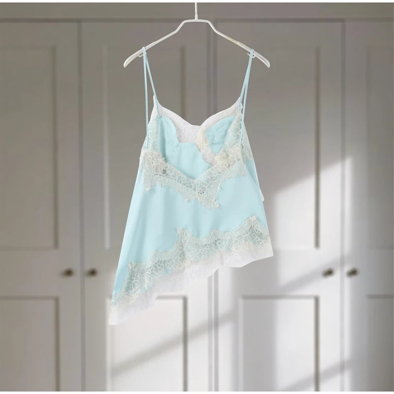Lace Spliced Square Neck Spaghetti Strap Blouse Loose Fit Cropped 2026 Summer Women Chiffon Top Causal Delicate Lady Blusa