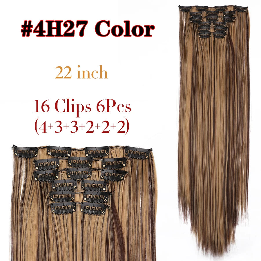 22 Inches Synthetic Long Straight Hairstyle 16 Clips 6Pcs/Set Hair Extensions Blonde Black Hairpieces Heat Resistant For Women