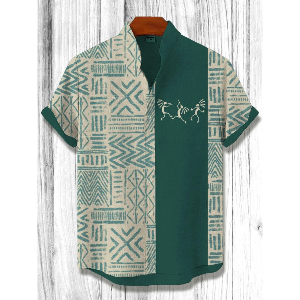 African Style Men's Retro Ethnic Tribal Short Sleeve Shirt Tops Fashion Casual Stripes Pattern Vacation Streetwear Men's Shirt