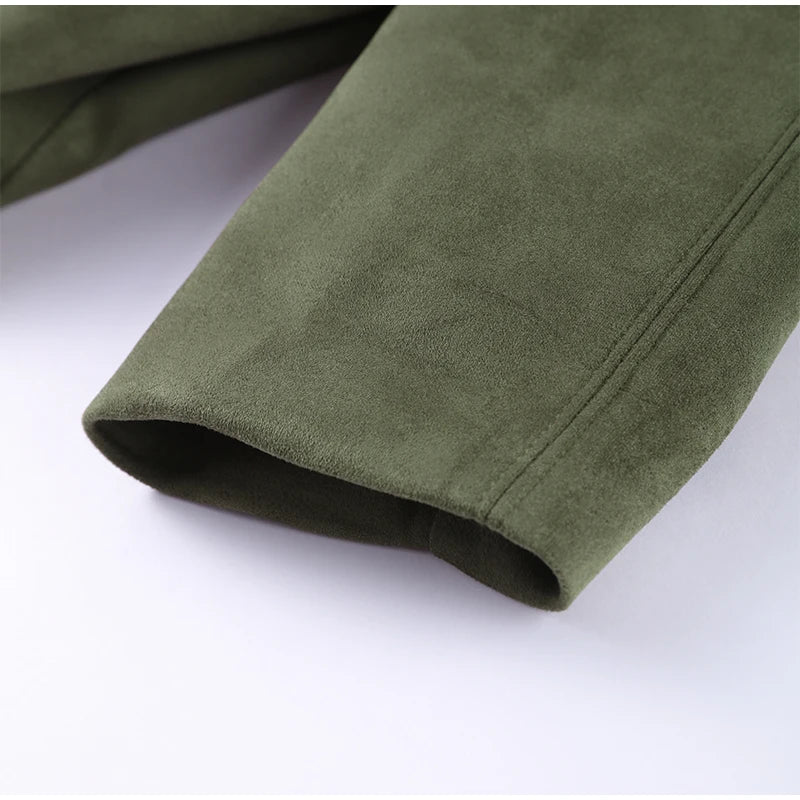 Fashion Suede Green Jackets Coat Women Lapel Full Sleeve Zipper Bomber Coats 2026 Spring New Loose Lady Street Solid Outwears