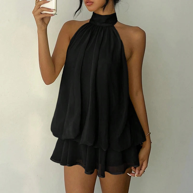 French Style Solid Color Halter Dress Women Sleeveless Off Shoulder Backless A Line Mini Dress Spicy Girl Beach Vacation Dresses