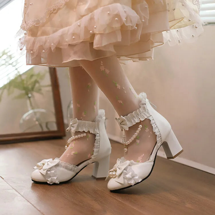Ochanmeb Sweet Kawaii Girls Lolita Shoes Thick High Heels Cosplay Pumps Bow Knot Pearls Chain Ruffles Lovely Wedding Party Pumps