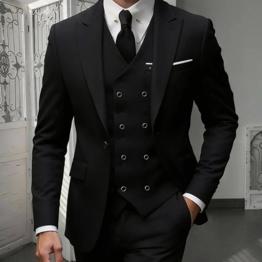 Men's Classic 3-Piece Suit Set - Slim Fit Notched Lapel Blazer with Vest & Pants, Versatile Formal Outfit for Business & Events