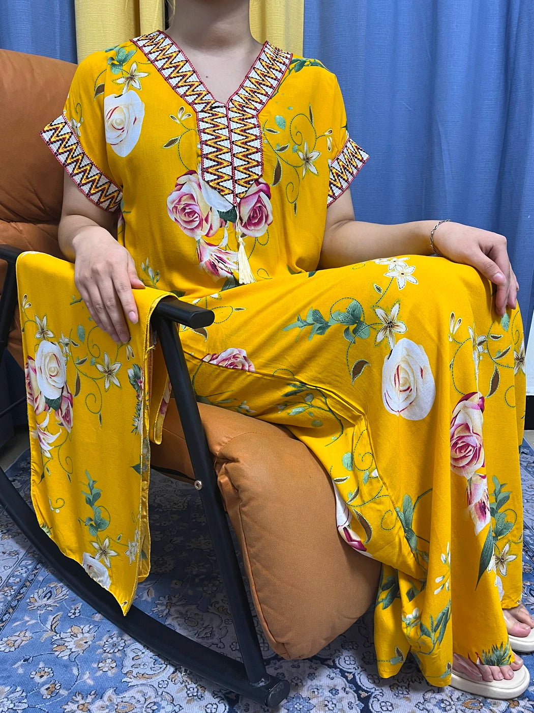 Abayas For Women 2023 Dubai  Fashion Printed Flower Cotton V-neck Slim Fit Short Femme Robe African Woman Dresses With Headscarf