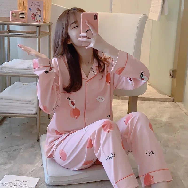 Four Seasons Women Pajamas Set with Lapel Top and Long Pants Checkered Striped Printed 2 Piece Set Ladies Nightwear Homewear