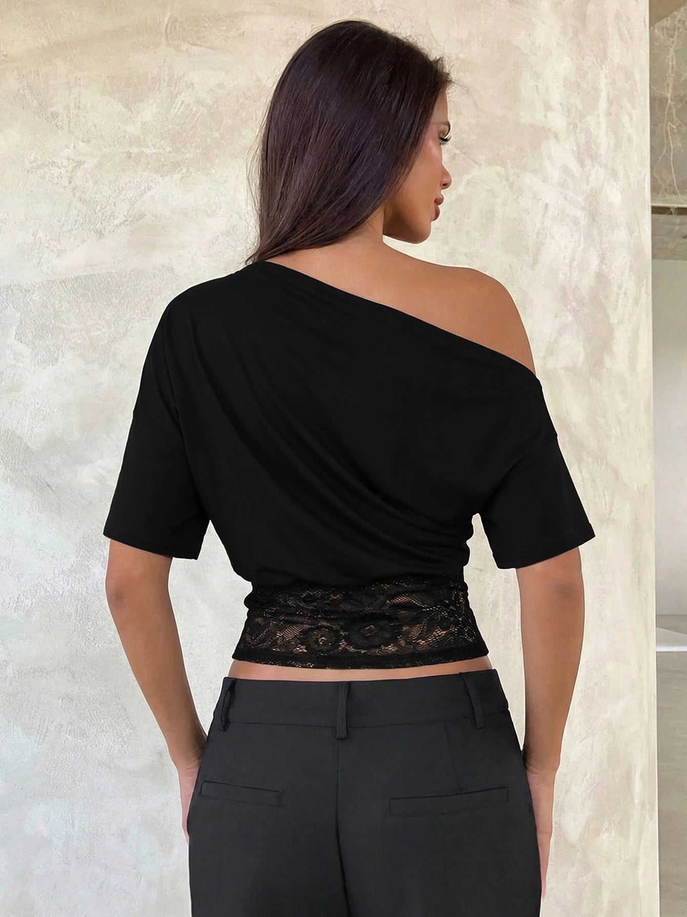 Dulzura Inclined Shoulder Short Sleeve Slim Lace Patchwork T-Shirt Women'S Vintage Sexy Casual Y2K Top Party Club Summer Clothes