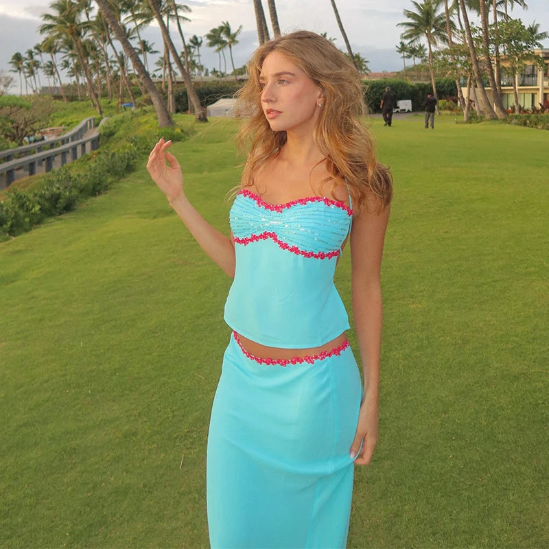 2 Piece Skirt Set Sequin Trim Halter Crop Top Maxi Skirt 2026 Spring Summer Y2K Night Out Clubwear Party Bodycon Co-ord Outfit