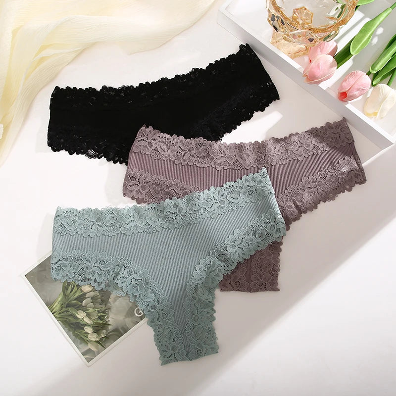 Lace Seamless Brazilian Panties Ribbed Cotton Low Waist Women's Panties Breathable Girls Underwear Plus Size Lingerie S-XL