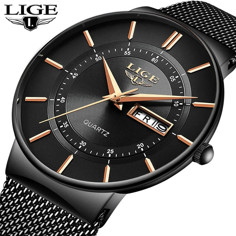 LIGE Fashion Man Watch Waterproof Sport Calendar Quartz Watch Men Top Brand Luxury Steel Strap Men's Watches Relogio Masculino