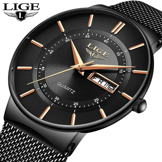 LIGE Fashion Man Watch Waterproof Sport Calendar Quartz Watch Men Top Brand Luxury Steel Strap Men's Watches Relogio Masculino