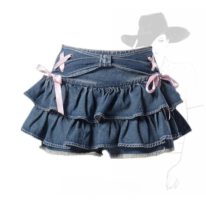 Mini Skirts for Women Sweet Cute Jupe Fashion Summer Japanese 2025 Faldas Mujer De Moda Bow Polka Dot Ruffles Y2k Skirt