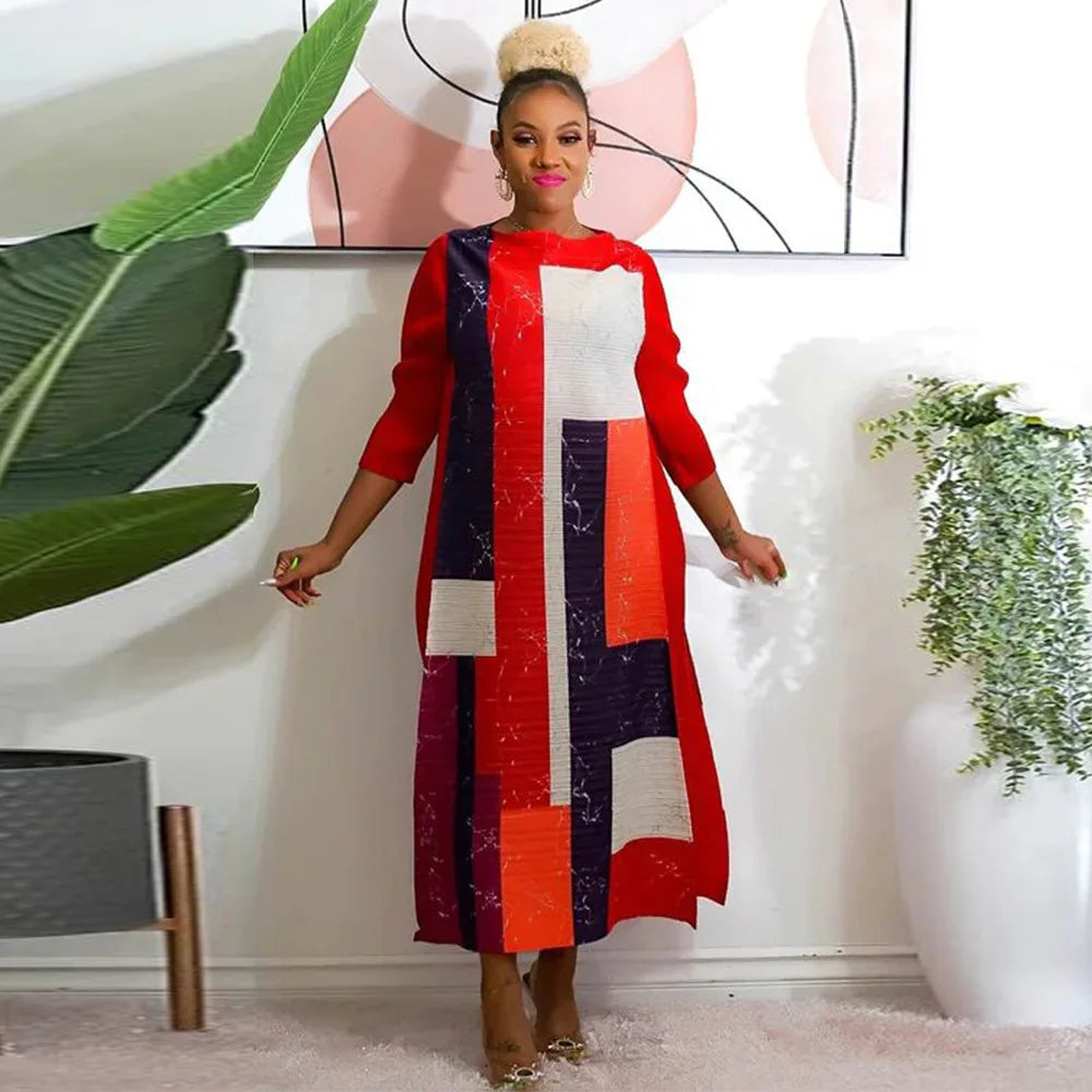 African Dresses for Women Summer Fashion Style African 3/4 Sleeve Polyester O-neck Pleated Dress Dashiki African Clothes Women
