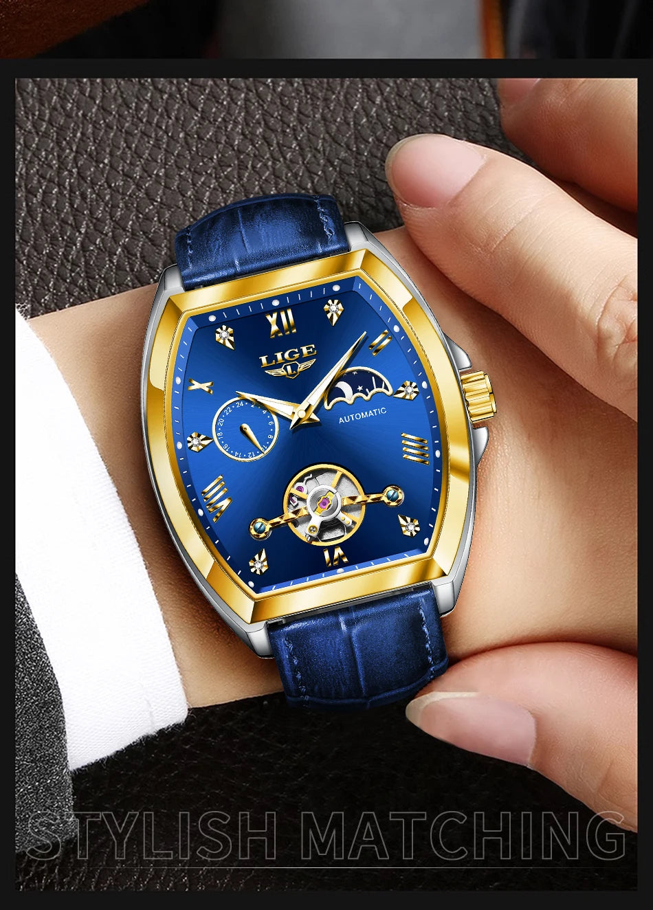 LIGE Luxury Mens Rectangular Dial Mechanical Watches Waterproof Leather Automatic Luminous Watch Business Men relogios masculino