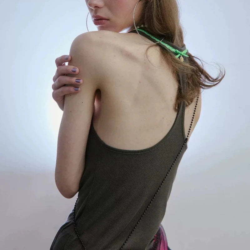 American Style Sexy See-through Slim Camisole Women 2026 Summer New Streetwear Backless Bow Patchwork Casual Tops