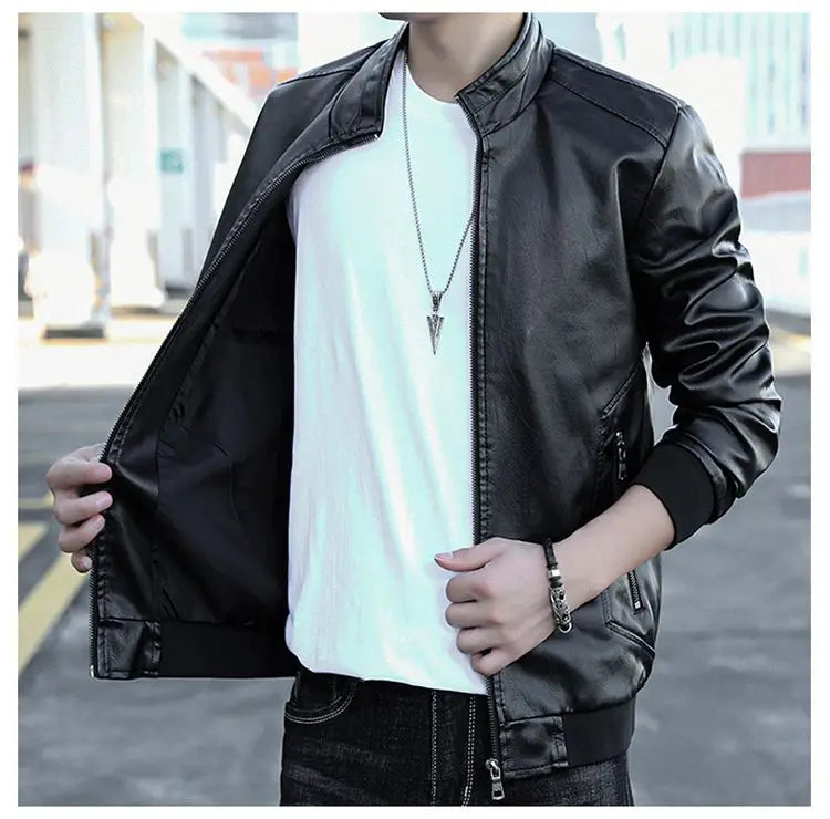 Trendy Casual Loose Jacket for Men with Velvet Thickened Winter with PU Leather Stand Collar
