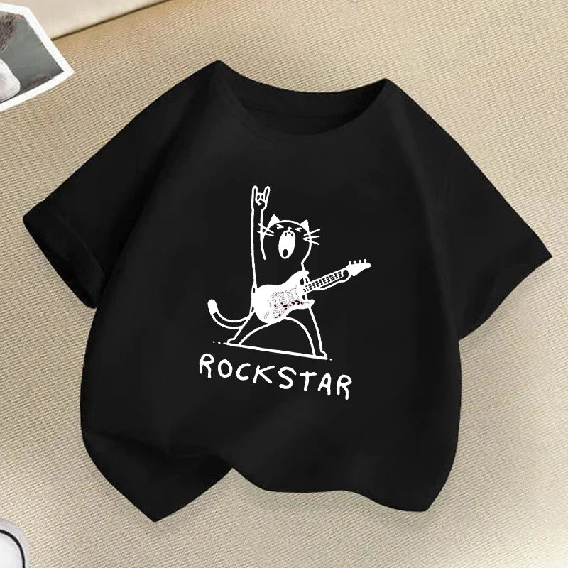 Funny Rock Star with Music Cat Children T-Shirts Summer Hip Hop Kids T-shirt Boys Girls Casual Fashion Colorful Top Tee Shirt