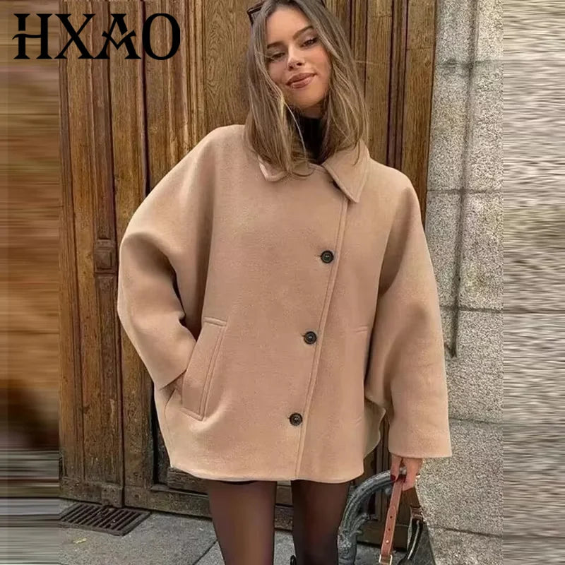 HXAO Woman Winter Coats Faux Wool Coats And Mixtures Oversized Long Coat Women Autumn Long Sleeve Solid Coats Casual Warm Parkas