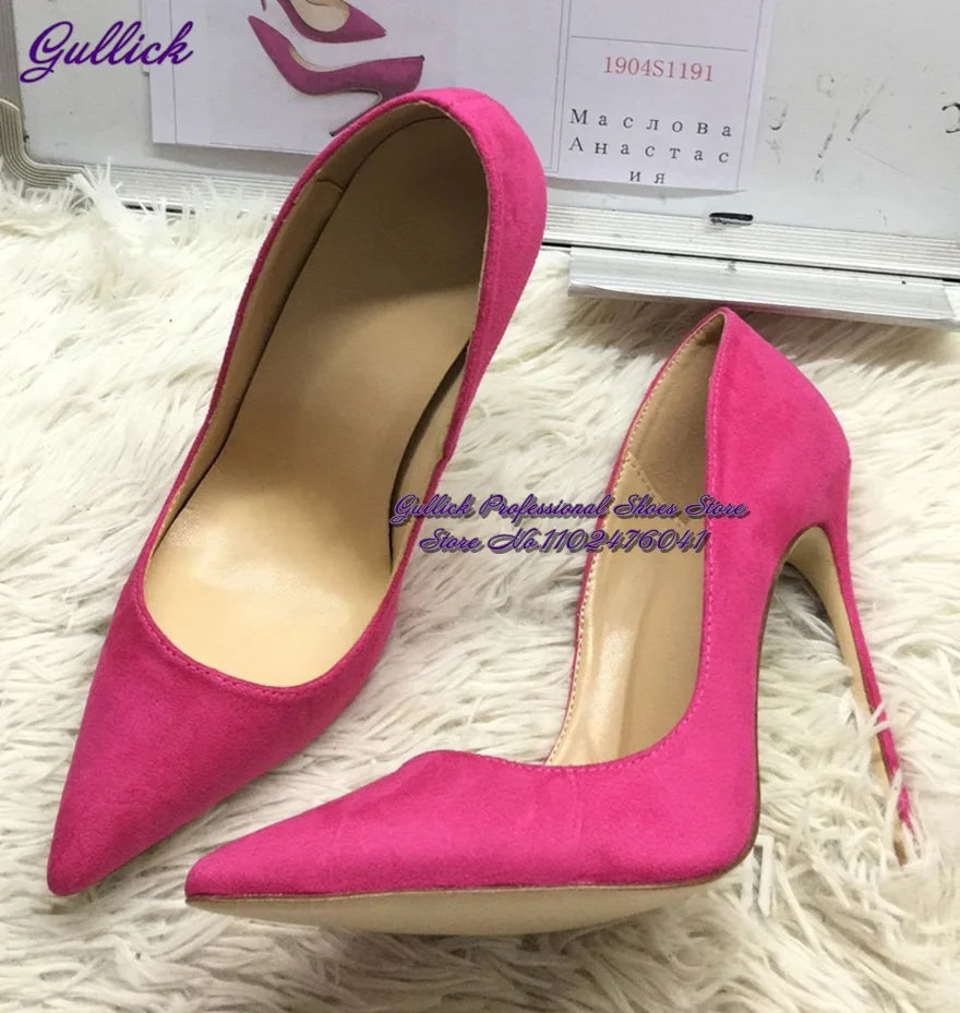 Gullick Women Hot Pink Suede High Heel Shoes 12Cm 10Cm 8Cm Stilettos Slip-On Pointed Toe Wedding Shoes Shallow Pumps Size45