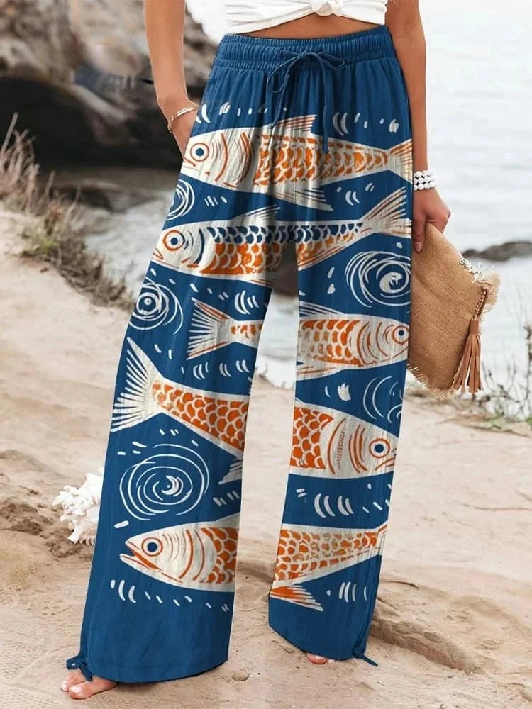 2025 New Women's Drawstring Relaxed-Fit Casual Pants 3D Floral Print Comfortable Breathable Fashionable Wide-Leg Pants