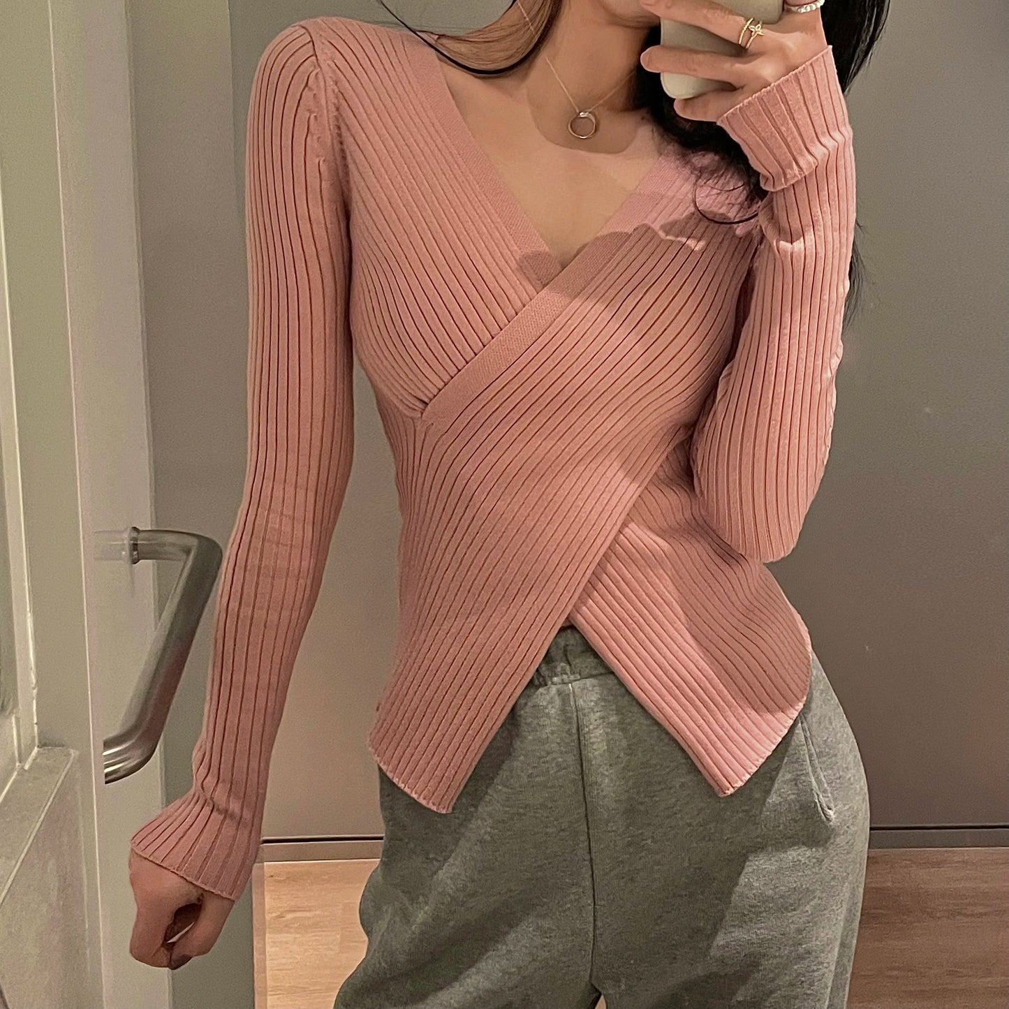 Ribbed Knit Surplice Sweater for Women Pullovers Long Sleeve Plain Jumper Teen-girl Fall Winter Balletcore Chic Outfit
