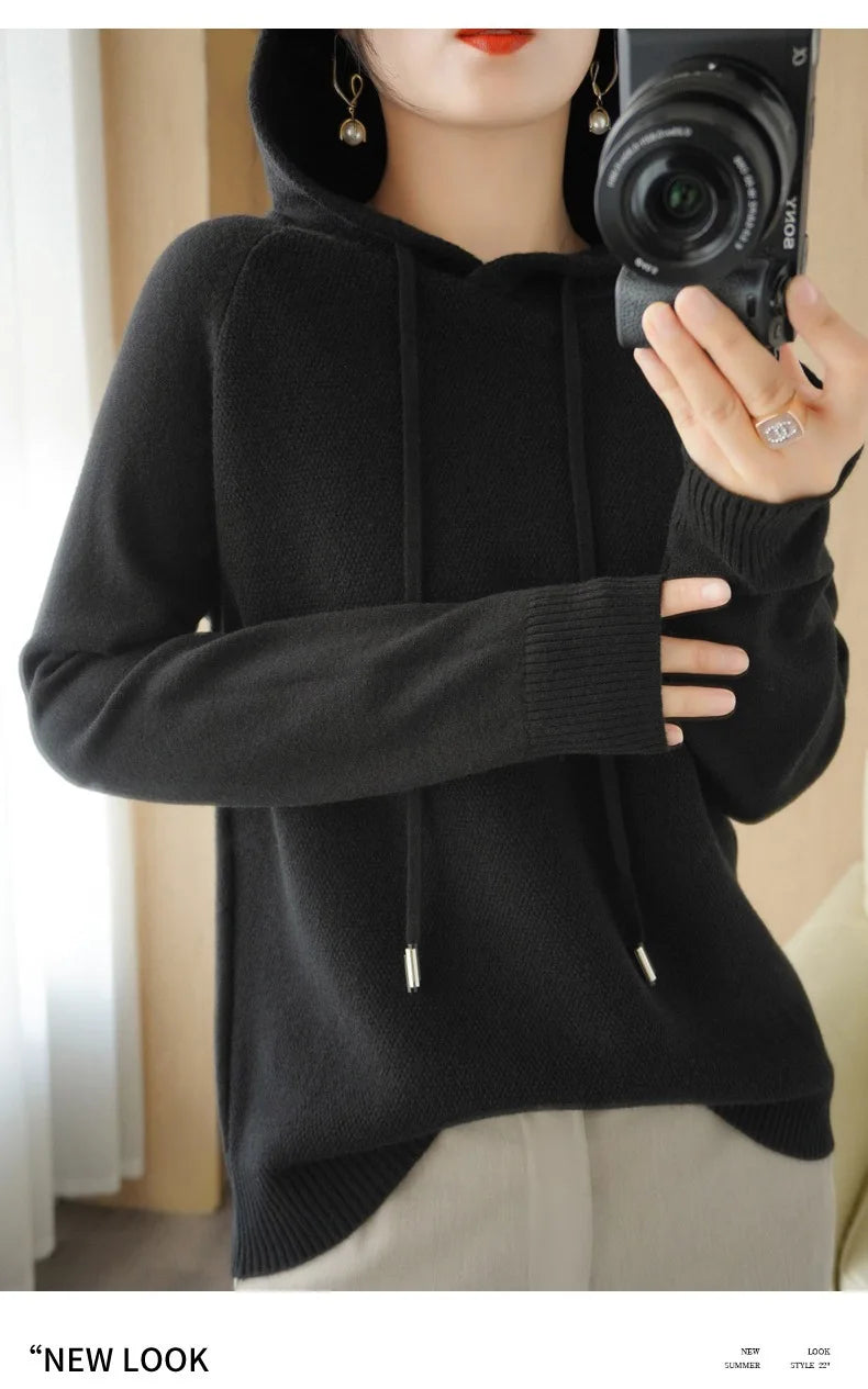 Hooded Sweater Woman Autumn Winter Long Sleeve Warm Bottoming Shirt Solid Casual Pullovers Knit Tops Korean Fashion Jumper 2025