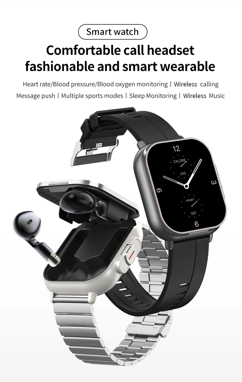 TWS 2 In 1 Smartwatch Earphones Sports Smart Watch Wireless Bluetooth Calling Health Monitor Fitness Record Watches With Headset