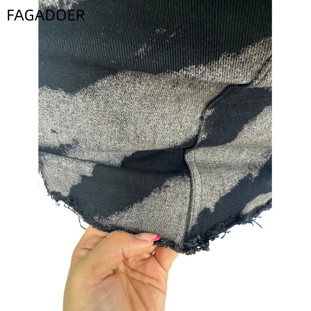 FAGADOER Gray Tie Dye Printing Fashion Denim Mini Skirts Women High Waist Button Pocket A-line Jean Skirts Sexy Y2K Streetwear