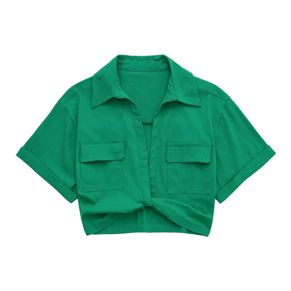 Women Fashion Front Knot Elastic Linen Cropped Shirts Vintage Short Sleeve Patch Pockets Female Blouses Blusa Chic Tops