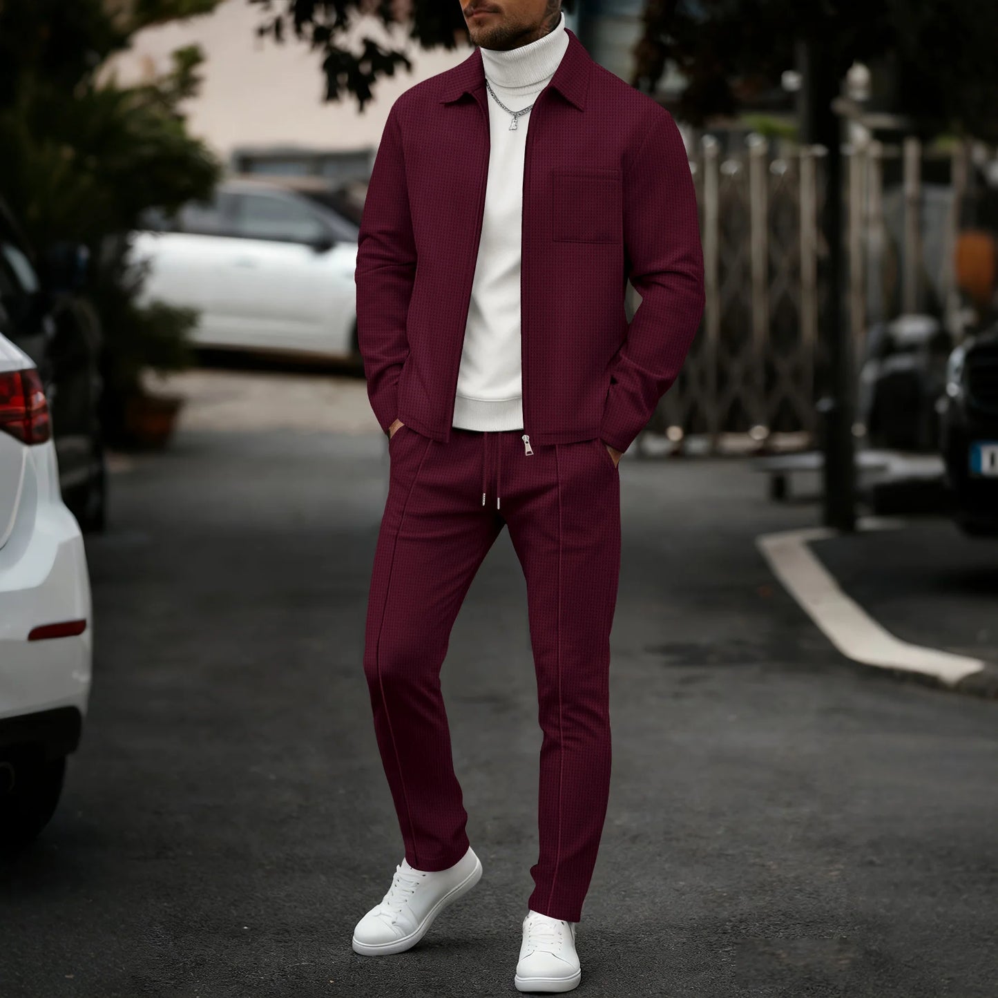 Mens Casual 2 Piece Set Waffle Texture Zip Up Jacket + Elastic Waist Trousers Comfortable Lightweight Suit for All