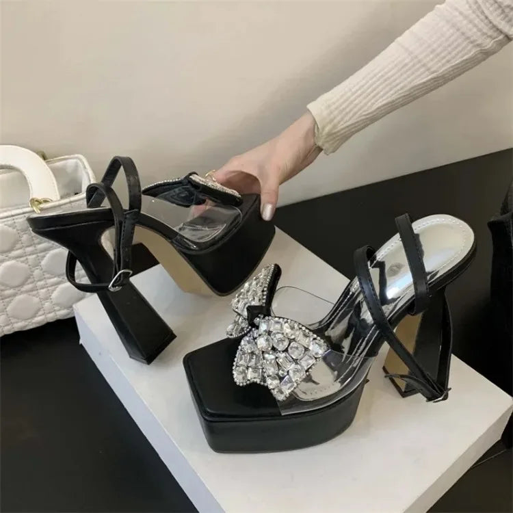 Luxury Rhinestone Transparent Platform Sandals Women Open Toe Summer Fashion Slingback Party Dress Shoes Crystal Bow High Heels