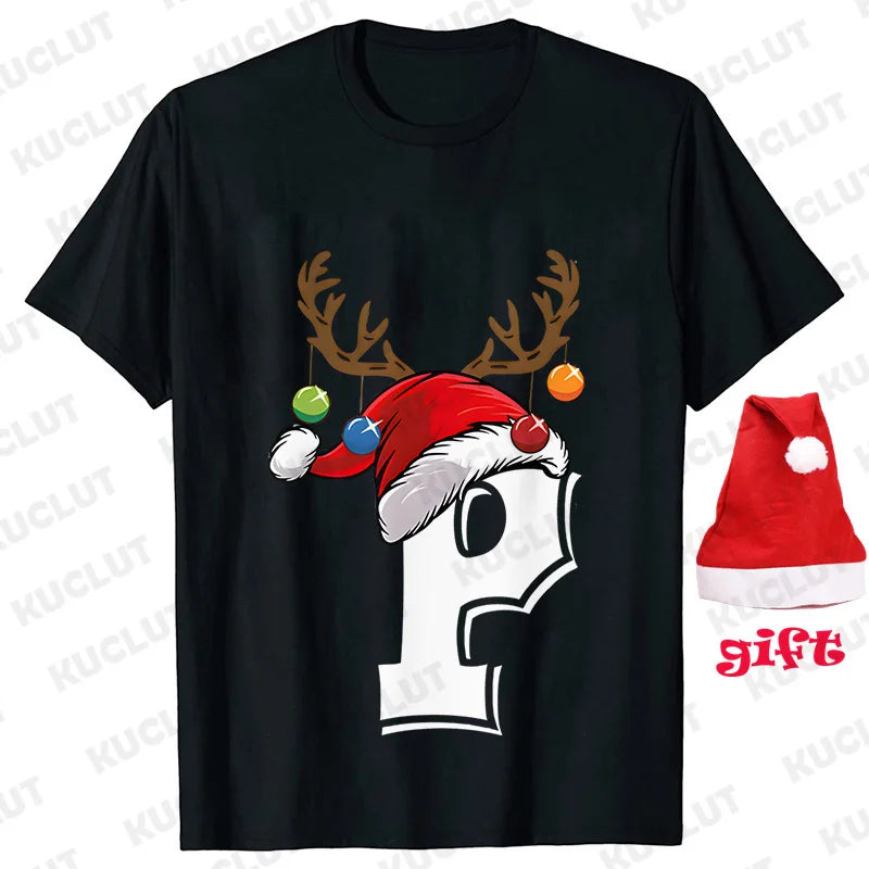 Funny Christmas Party Tshirt Fashion Women T Shirt Tops Short Sleeves T-shirt 26 A~Z Alphabet Casual Tees with Santa Hat Gift