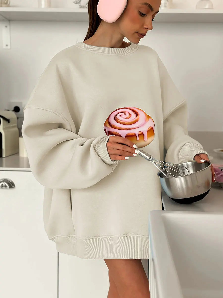 Sumuyoo Cake Printed Pullover Women's New Autumn Winter Plush Loose Slimming Long Sleeves Sweatshirts O-neck Pullover Hoodie