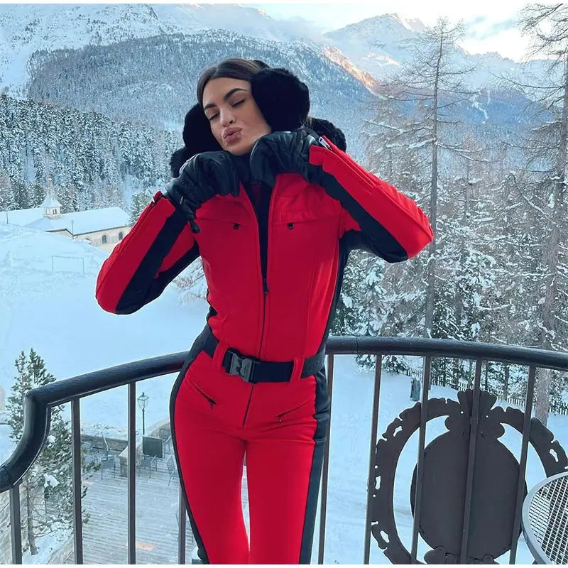 Women  Fur Collar Hooded Skiwear Fashion Solid Thicken Zipper High Waist Slim Outdoor Overalls Jumpsuit  Lady Winter Outwear