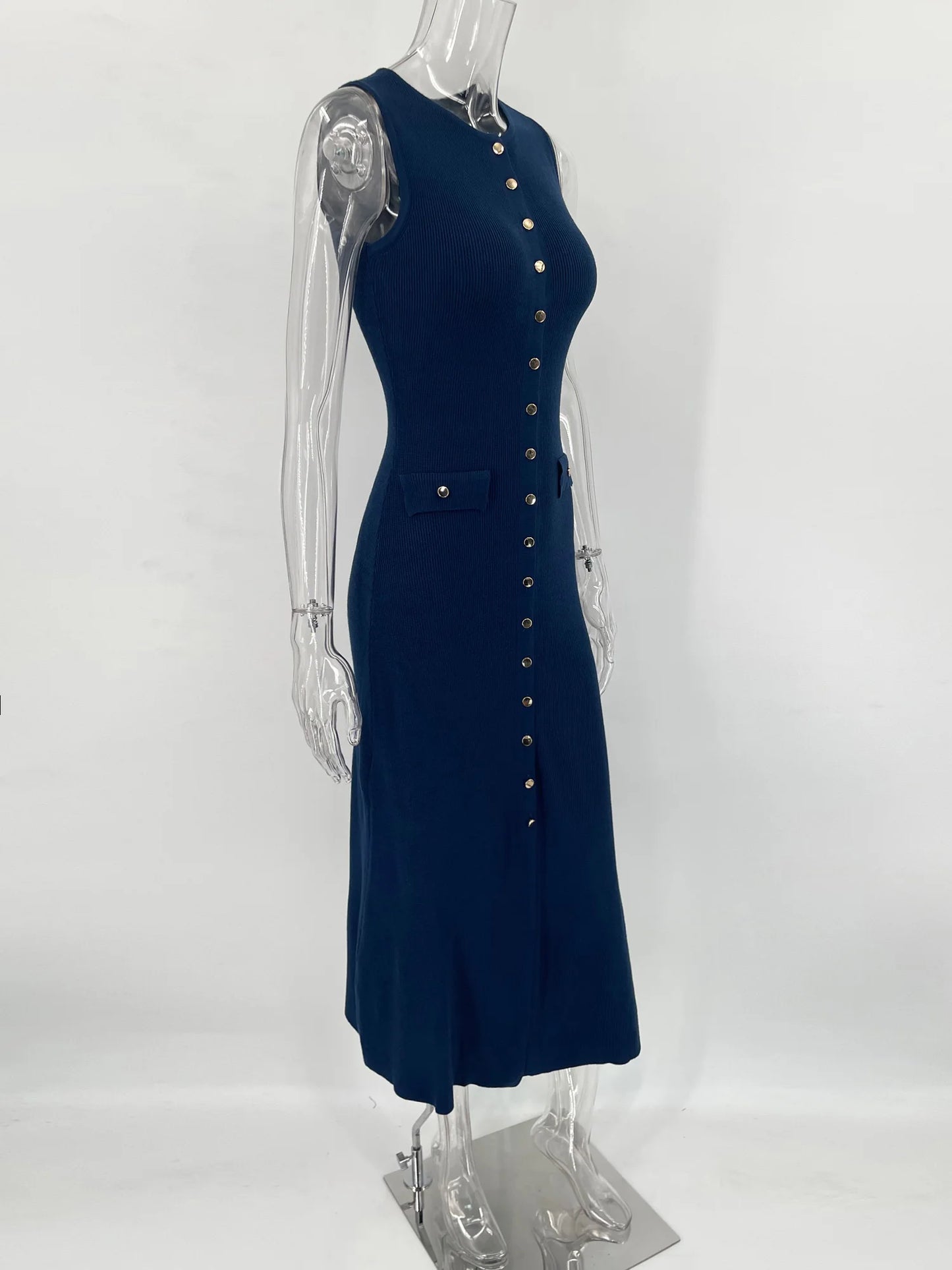 Knit Ribbed Cardigan Maxi Dress Female High Waist Slim Pocket Sleeveless Elegant Party Dress Women's Knitwear Long Dress